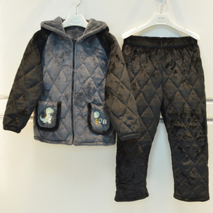 妈咪印象儿童睡衣冬季 家居服 男童亲肤棉拉链连帽三层加厚夹棉童装