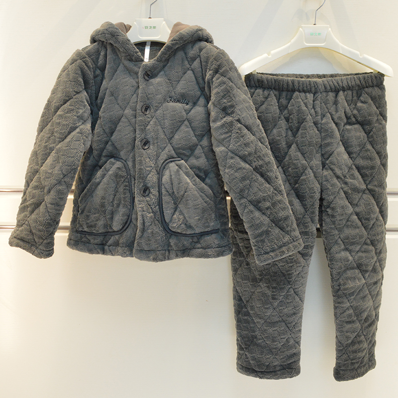 安之伴冬季儿童睡衣童装三层加厚夹棉简约保暖带帽棉袄男童家居服