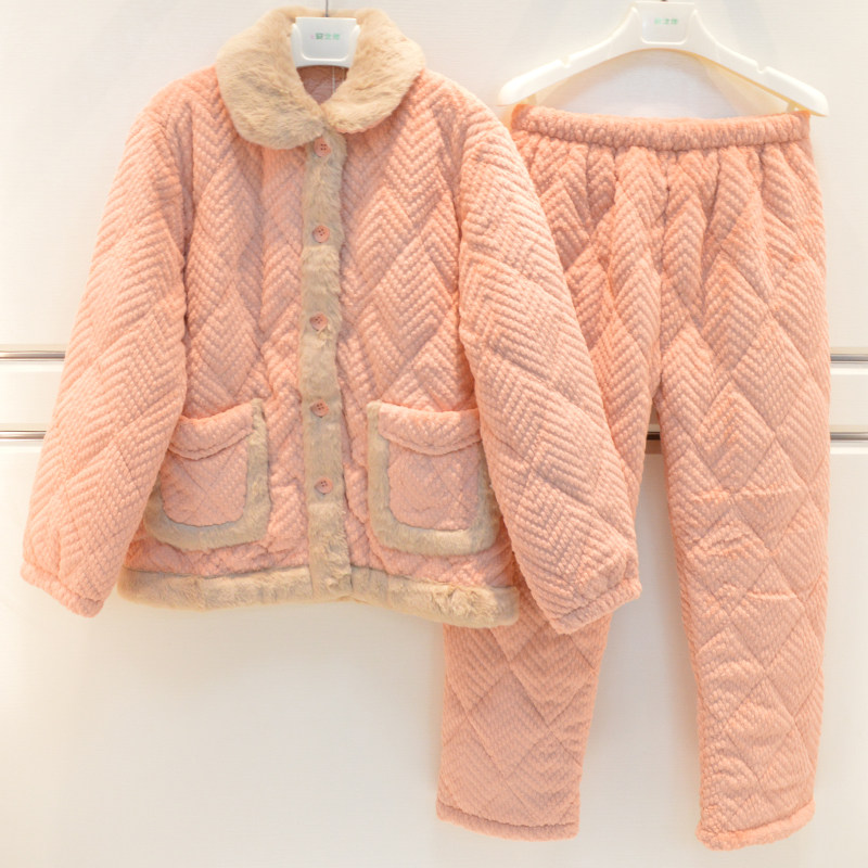 精雅儿童睡衣冬季女童牛奶绒夹棉三层加厚加绒素色可爱童装家居服