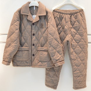 安之伴睡衣季男士梭织磨毛格子大方三层加厚夹棉保暖棉袄家居服