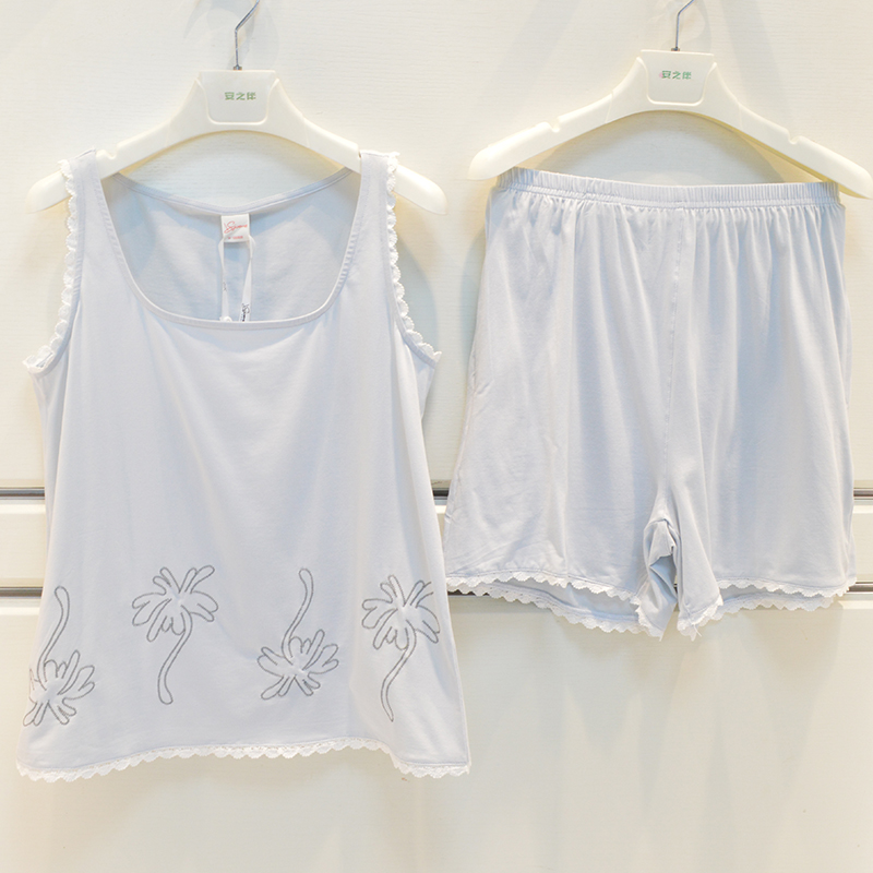 伊姿娇娜睡衣2025夏季女士纯棉针织素色气质背心短裤女家居服套