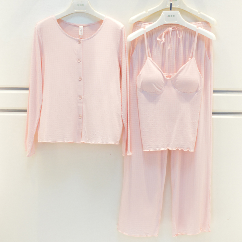 提花三件套带胸垫性感女家居服