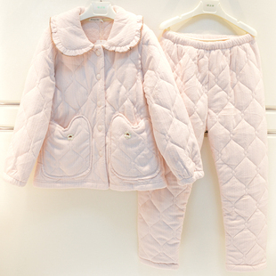 精雅睡衣2026冬季女士三层加厚夹棉牛奶绒提花淑女保暖棉袄家居服