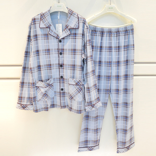 特价安之伴睡衣秋季男士纯棉双面针织格子大方国民领长袖男家居服