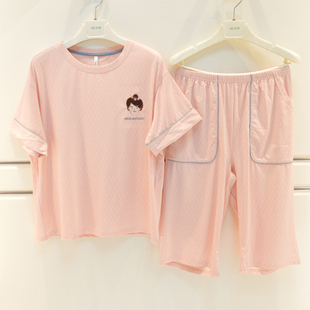 七分裤 安之伴睡衣夏季 奢侈纹路卡通短袖 新品 家居服 女纯棉针织时尚