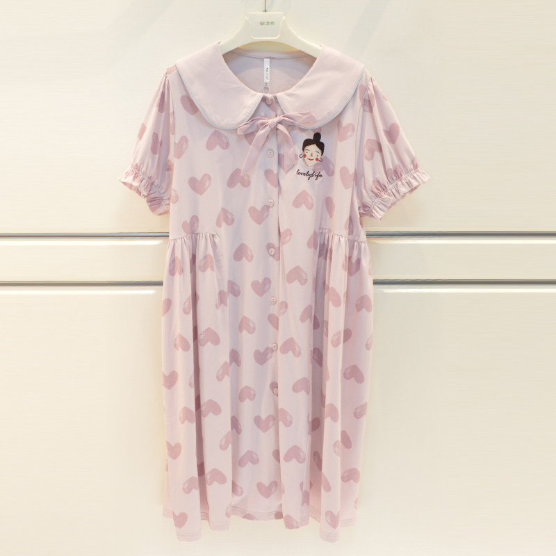 安之伴睡衣夏季新品女士纯棉针织甜美爱心公主风女睡裙家居服