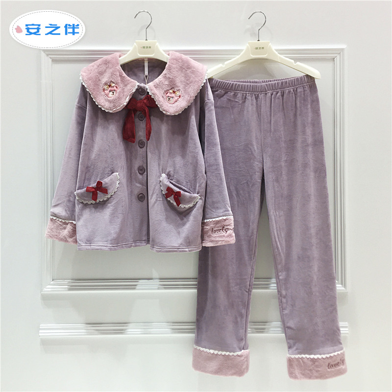 安之伴薄珊瑚绒睡衣女秋冬季新款加厚双面海岛绒甜美可爱家居服女