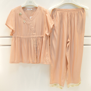精雅睡衣夏季女士60支梭织棉天丝素色薄款清凉V领短袖长裤家居服
