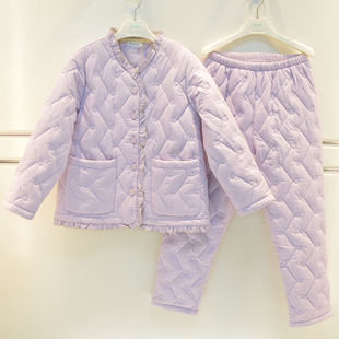 精雅睡衣冬季女士梭织三层夹棉加厚素色简约V领保暖棉袄家居服