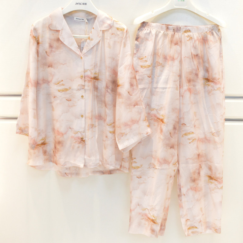 精雅睡衣2025春夏女士天丝数码唯美花薄款清凉长袖宽松高贵家居服