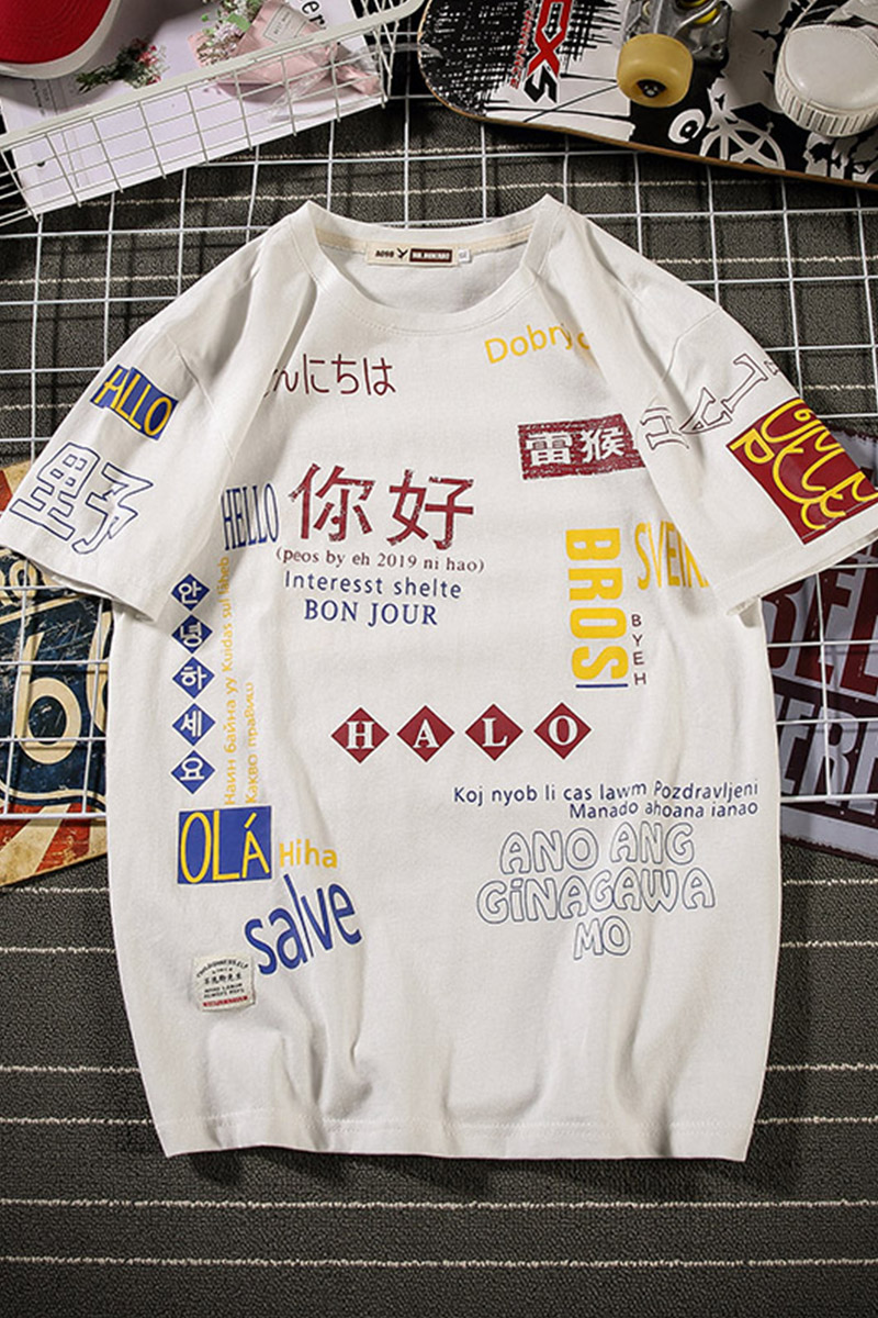 夏季港风印花圆领T恤宽松五分袖男女短袖090-T110控58低于,男装T恤,电商A089-1