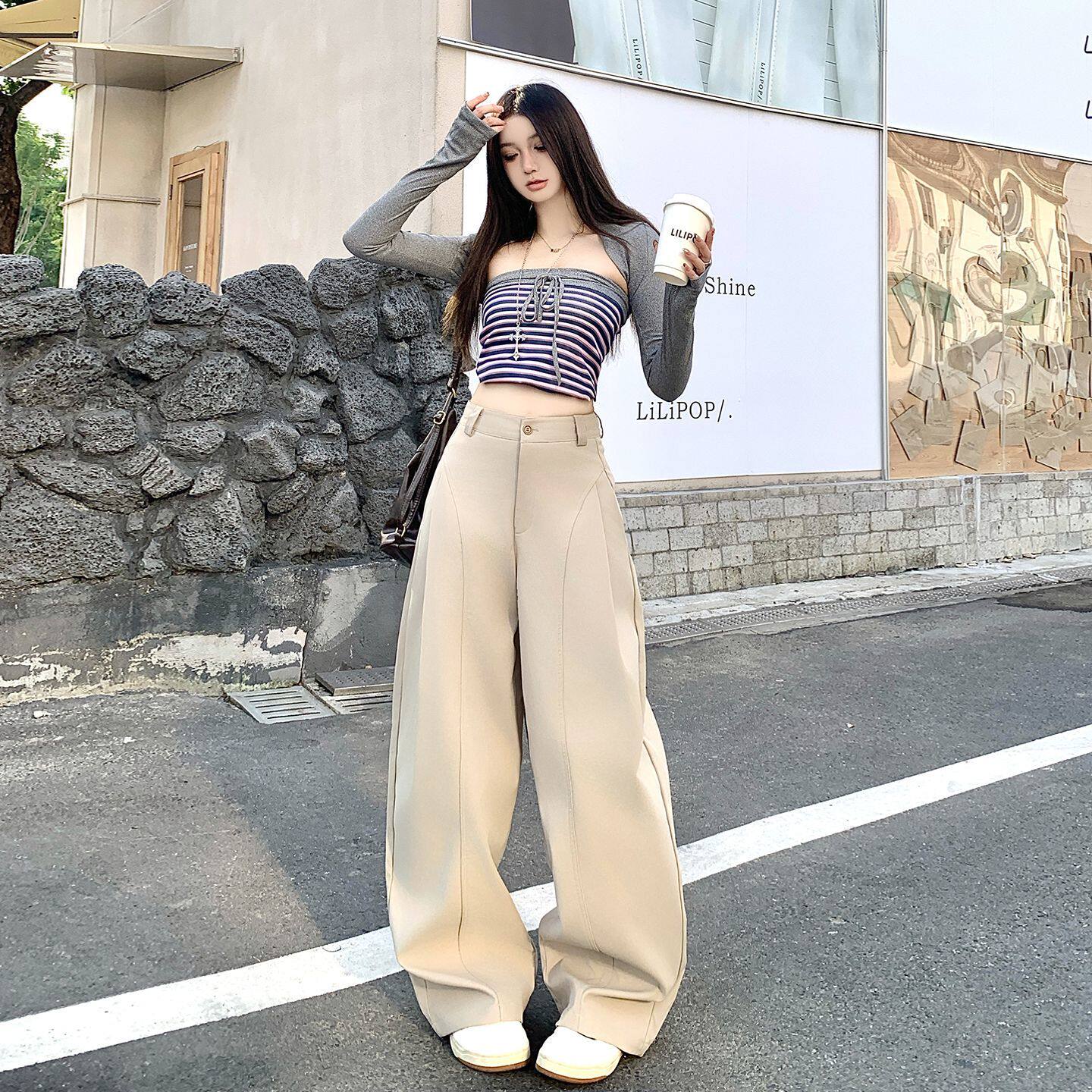 淘稚气卡其色拼接阔腿裤女