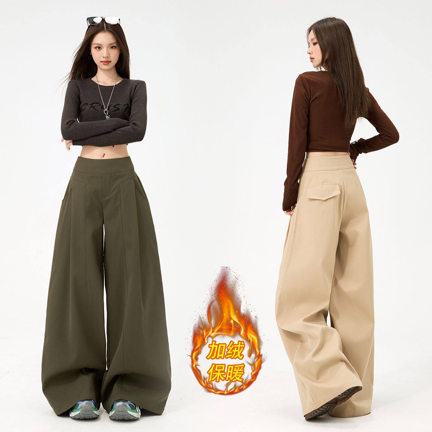 淘稚气卡其色拼接阔腿裤女