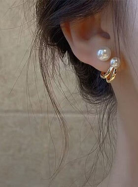 INS风热销韩国珍珠耳环女气质S925银针小众后挂设计感个性耳饰