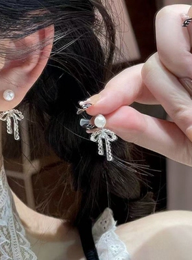 日韩性感银色跳舞蕾丝蝴蝶结珍珠耳环女气质个性2025年包邮新款