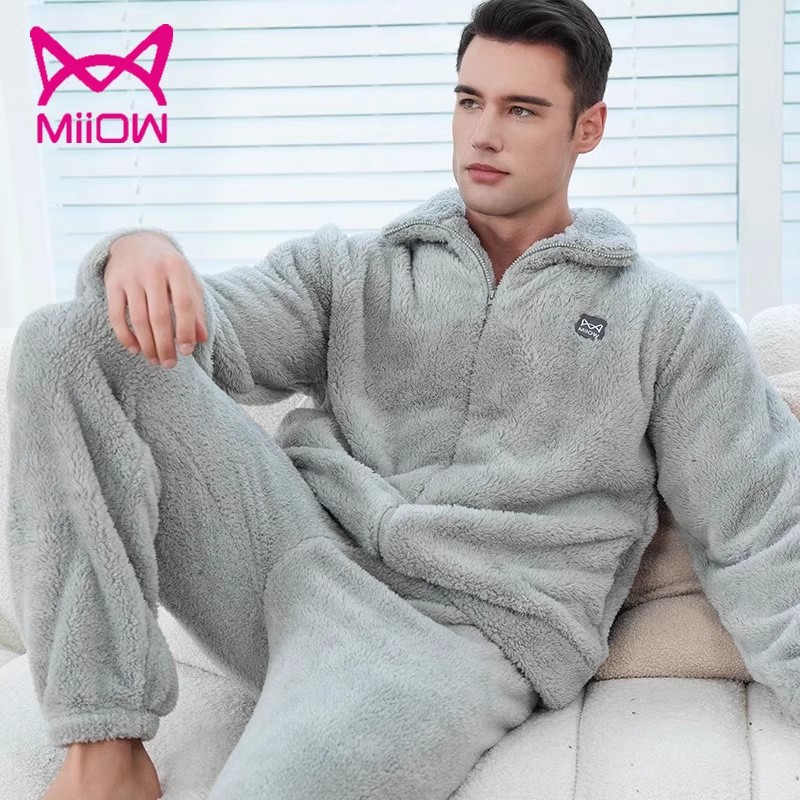 猫人男士睡衣秋冬季加绒加厚珊瑚绒2024新款保暖法兰绒家居服套装