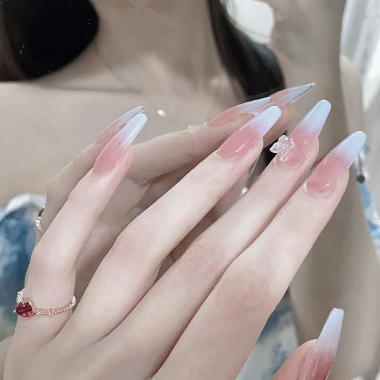 jj手工定制甲可拆卸穿戴假指甲光疗粉蓝超仙渐变延长蝴蝶美甲贴片