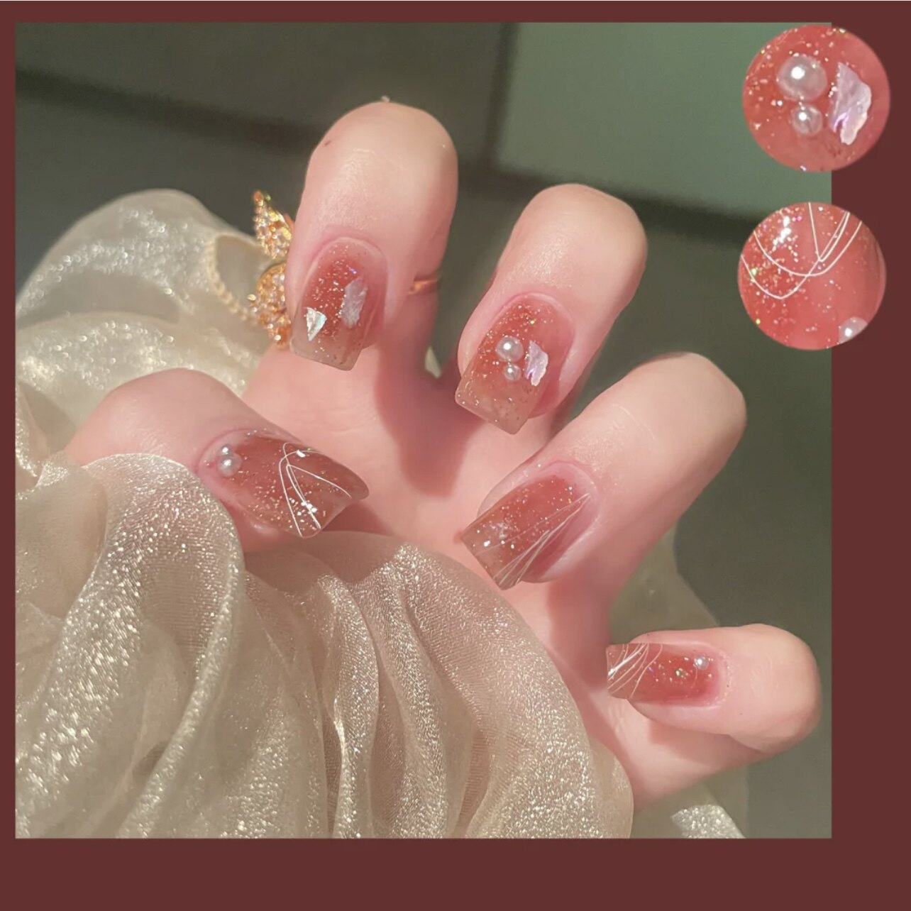 jj手工定制甲片可拆卸穿戴假指甲初秋晕染人鱼姬温柔闪粉贝壳美甲