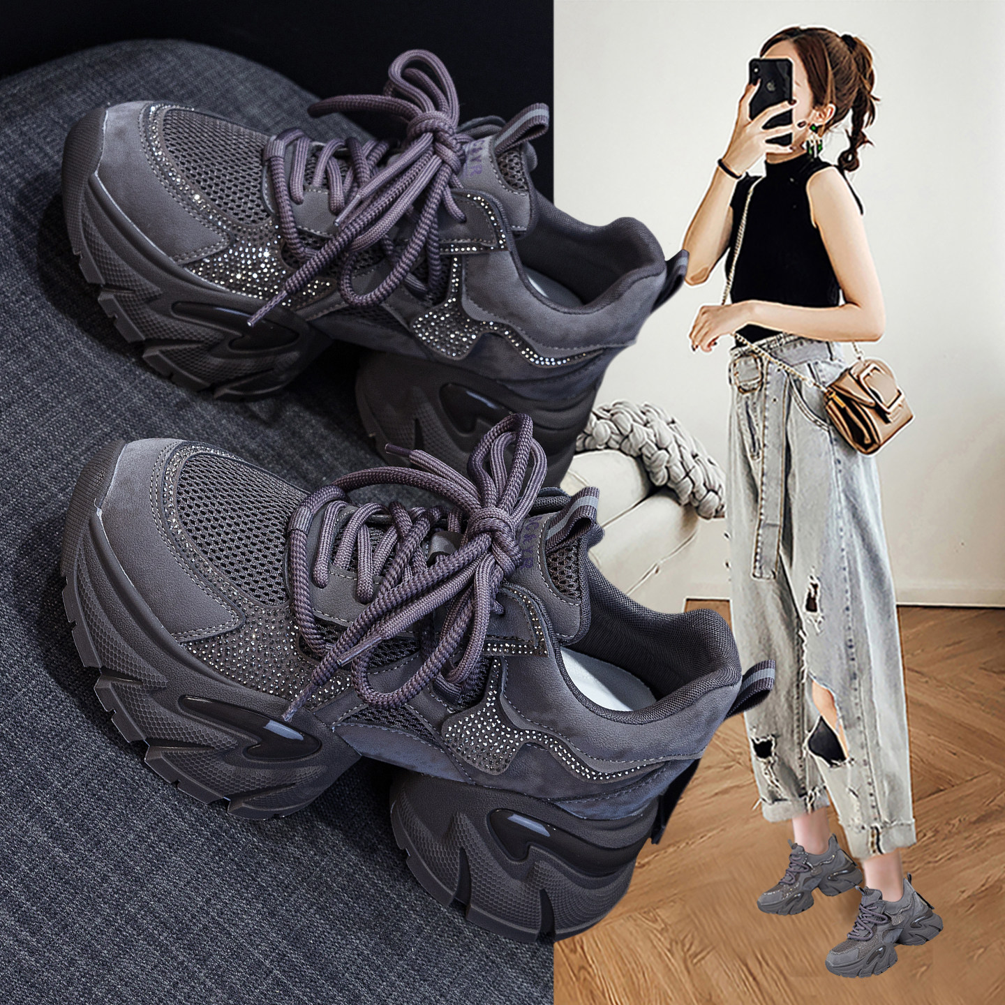 欧洲站复古老爹鞋女2026新款爆款春秋季鞋子厚底内增高休闲运动鞋