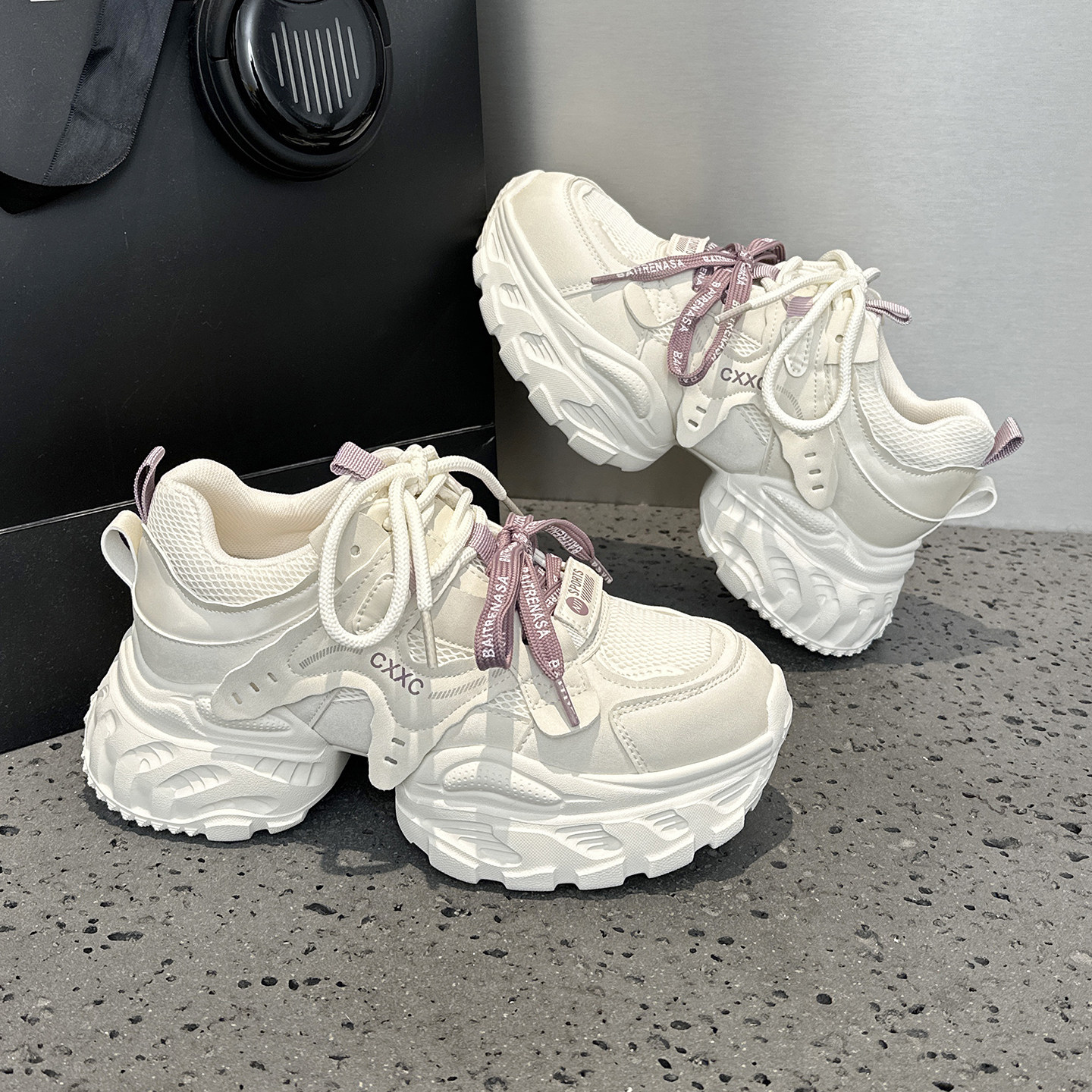 轻便双鞋带小白鞋女2026春季新款百搭厚底增高网面运动休闲老爹鞋,女鞋,时尚休闲鞋,淘宝优惠券,粉丝福利购,淘宝优惠卷