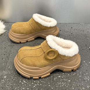 真皮包头半拖鞋女外穿2025新款冬季加绒厚底增高保暖毛毛勃肯棉鞋