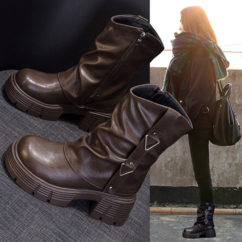 厚底裤管堆堆靴女2025秋冬新款加绒马丁靴真皮粗跟增高英伦风短靴,女鞋,时装靴,淘宝优惠券,粉丝福利购,淘宝优惠卷