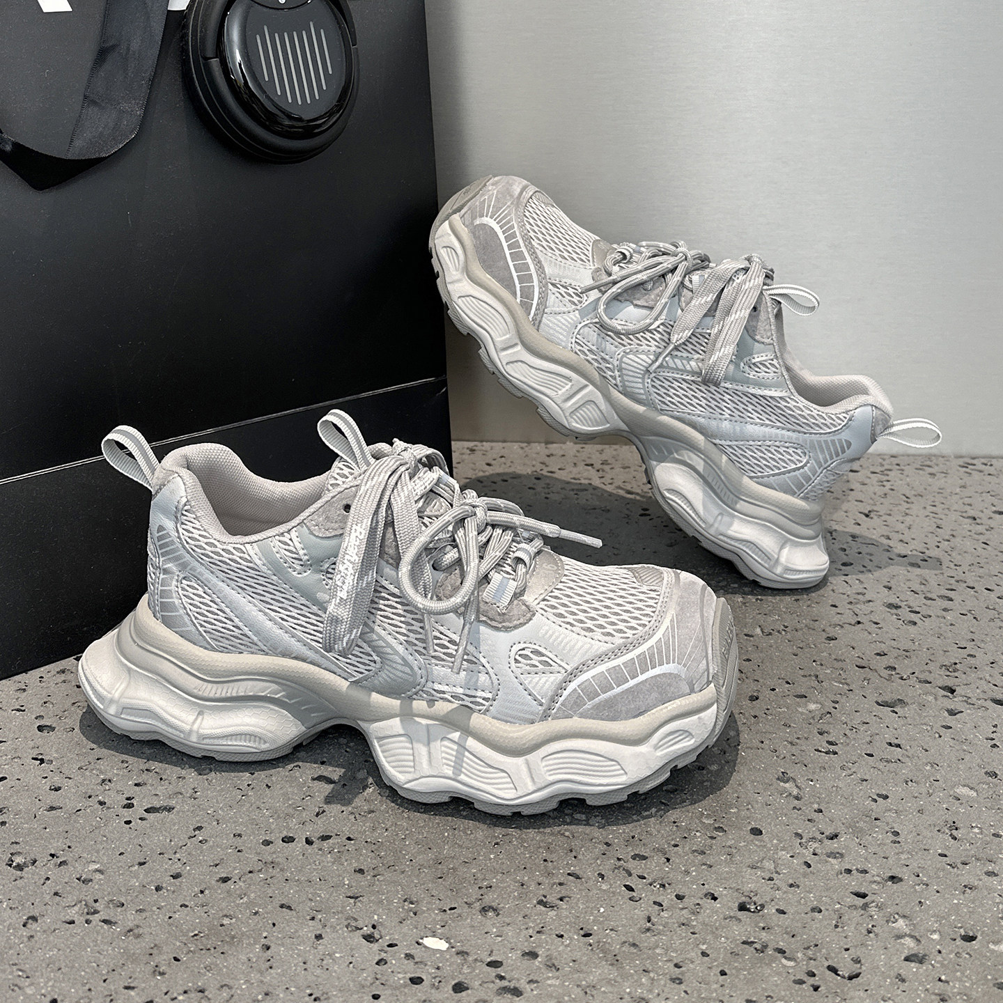 欧洲站灰色老爹鞋女2026春季新款爆款真皮厚底网面透气运动休闲鞋,女鞋,时尚休闲鞋,淘宝优惠券,粉丝福利购,淘宝优惠卷