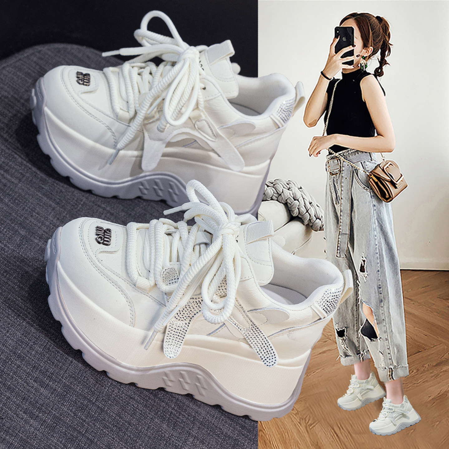 欧洲站水钻老爹鞋女2026春季新款爆款厚底小个子内增高阿甘小白鞋,女鞋,时尚休闲鞋,淘宝优惠券,粉丝福利购,淘宝优惠卷