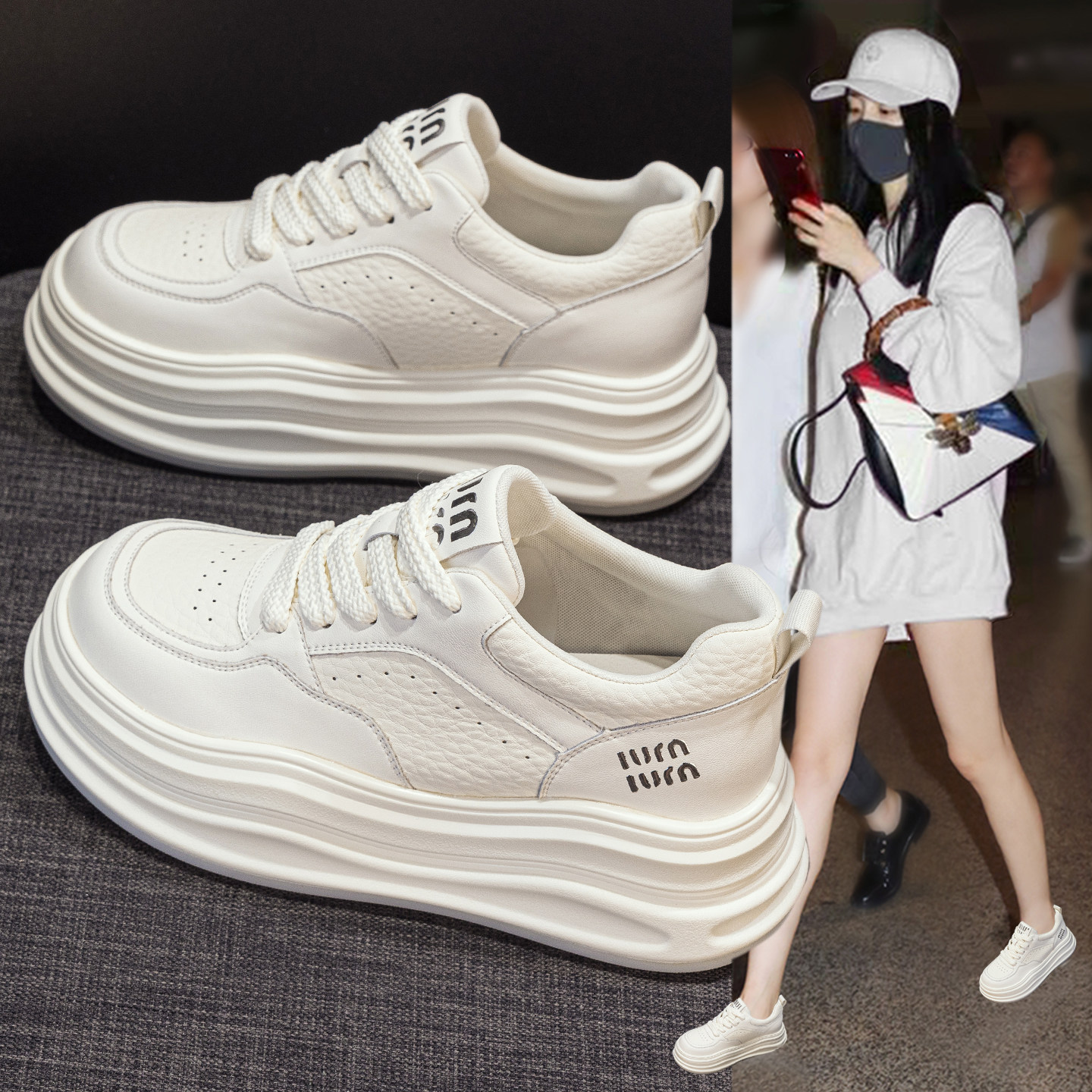 真皮内增高小白鞋女款2026春季新款爆款百搭超火厚底轻便休闲板鞋