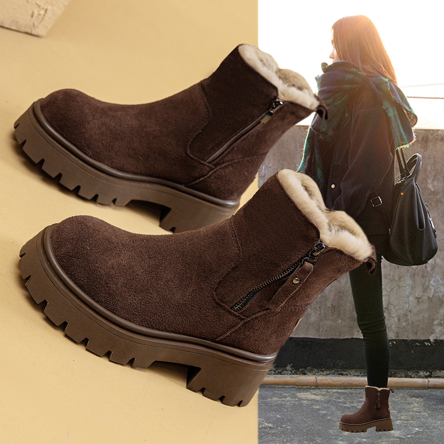 复古厚底雪地靴女2025新款冬季加绒加厚保暖棉鞋粗跟增高磨砂短靴,女鞋,时尚雪地靴,淘宝优惠券,粉丝福利购,淘宝优惠卷
