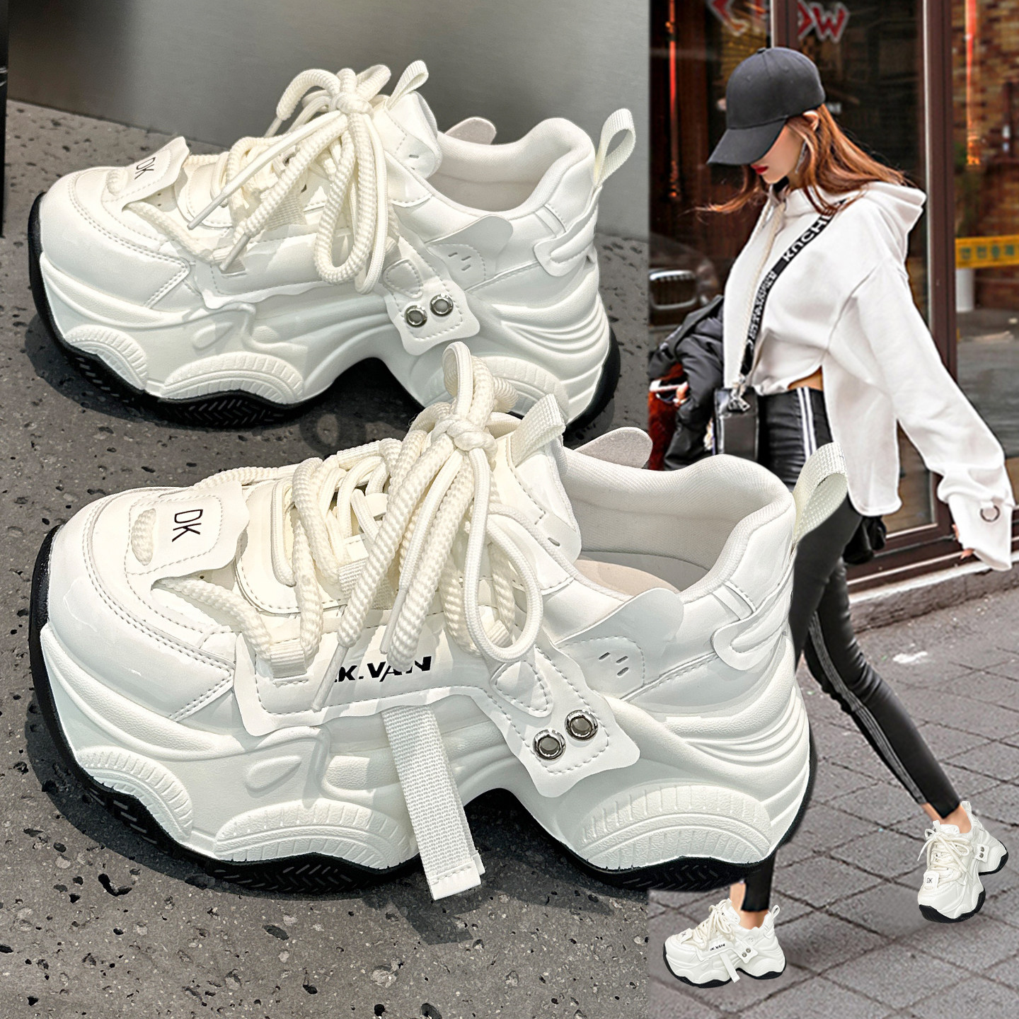 巨好看厚底小白鞋女2026春季新款双鞋带小个子增高运动休闲老爹鞋,女鞋,时尚休闲鞋,淘宝优惠券,粉丝福利购,淘宝优惠卷