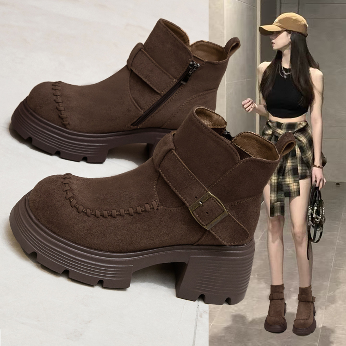 真皮复古马丁靴女2025新款秋冬季加绒超火粗跟厚底小个子增高短靴,女鞋,马丁靴,淘宝优惠券,粉丝福利购,淘宝优惠卷