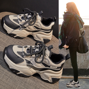真皮厚底老爹鞋女2024新款爆款秋冬季加绒小个子增高休闲运动棉鞋