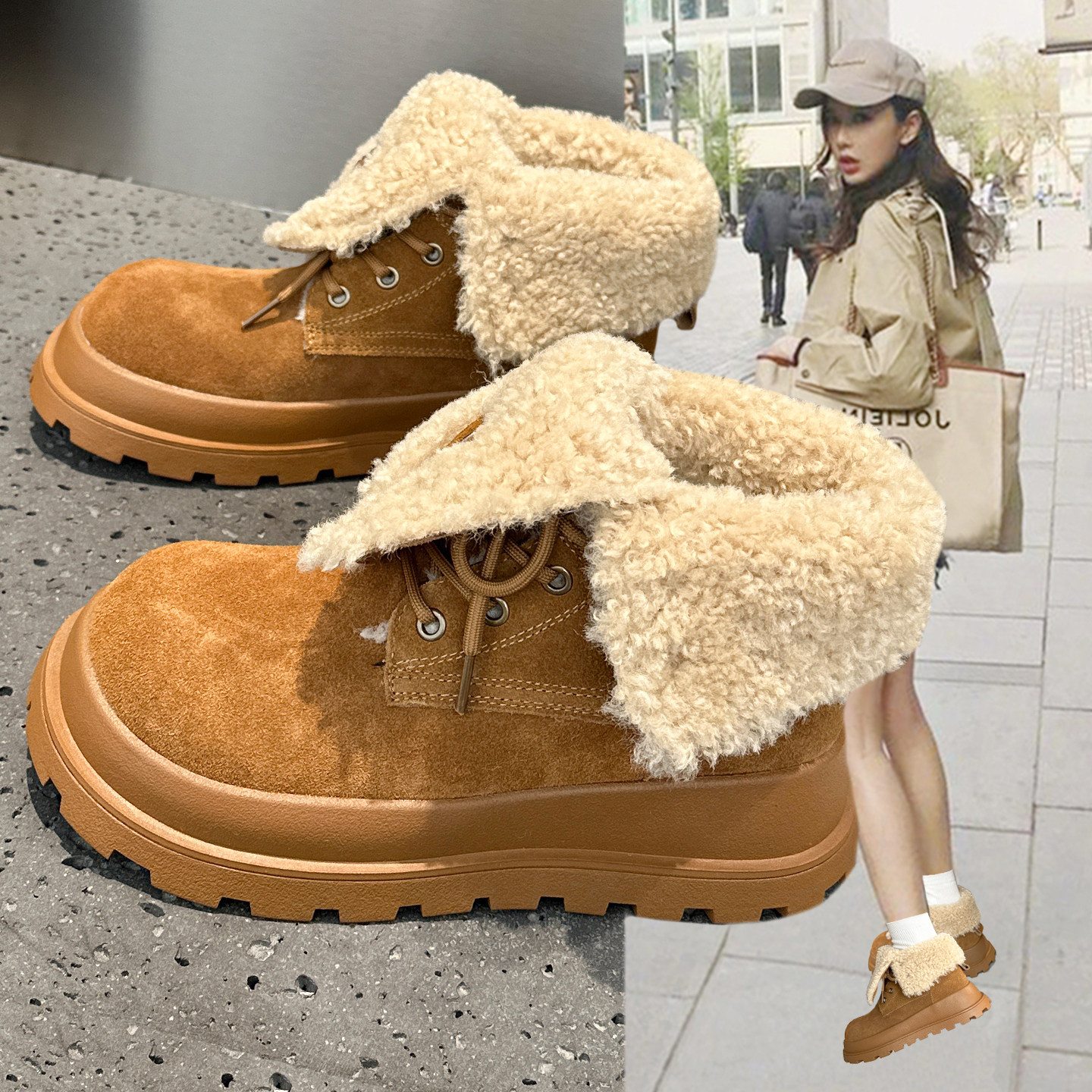 真皮翻领雪地靴女2025新款爆款冬季加绒棉鞋厚底增高两穿磨砂短靴,女鞋,时尚雪地靴,淘宝优惠券,粉丝福利购,淘宝优惠卷
