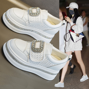 真皮内增高小白鞋女2026春季新款百搭水钻厚底小个子魔术贴休闲鞋