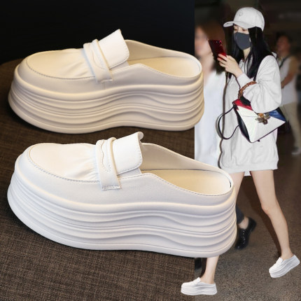 包头半拖小白鞋女2025夏季新款百搭真皮透气厚底小个子增高懒人鞋
