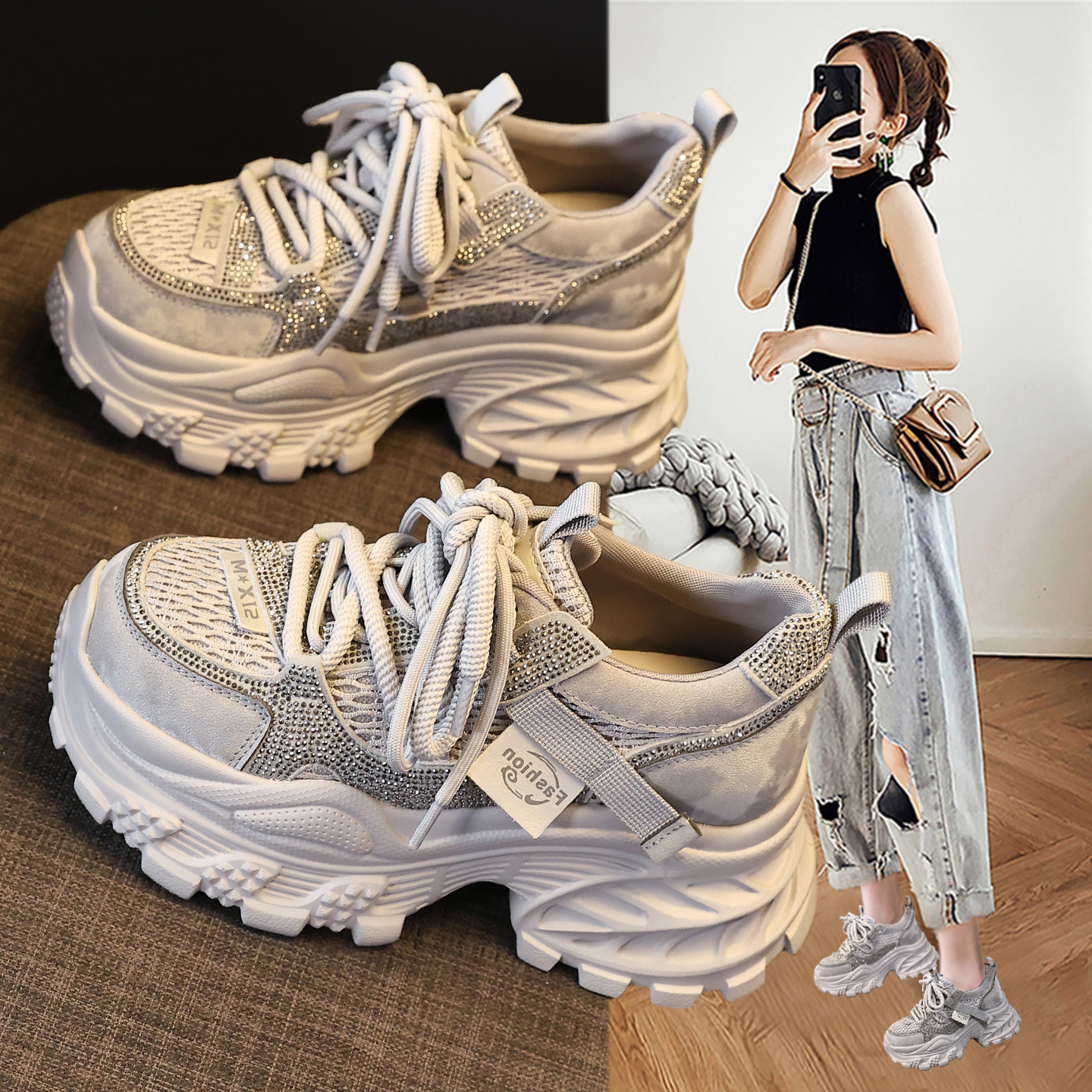 灰色水钻老爹鞋女2026春季新款网面厚底小个子内增高运动休闲女鞋,女鞋,时尚休闲鞋,淘宝优惠券,粉丝福利购,淘宝优惠卷