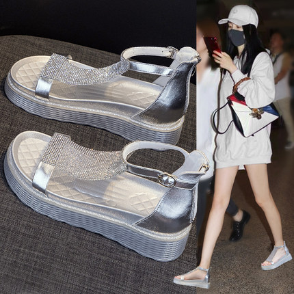 真皮坡跟凉鞋女2026年新款夏季时尚外穿厚底罗马高跟水钻鱼嘴女鞋