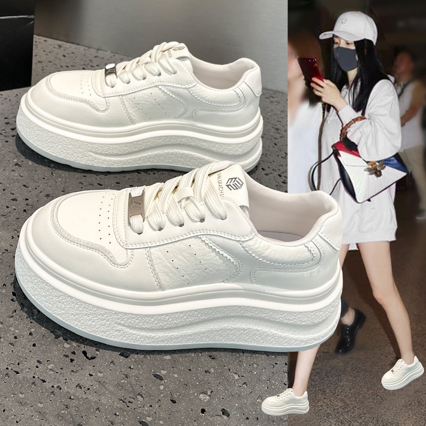 真皮小白鞋女2026春季新款百搭松糕厚底增高牛皮透气休闲运动板鞋,女鞋,时尚休闲鞋,淘宝优惠券,粉丝福利购,淘宝优惠卷