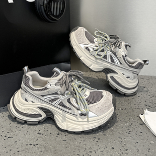 欧洲站双鞋带老爹鞋女2026秋季新款爆款歪头厚底休闲运动跑步女鞋