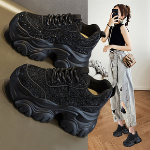 黑色水钻老爹鞋女2026春季新款超火厚底小个子内增高休闲运动女鞋