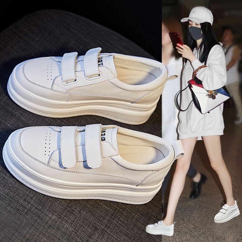 魔术贴小白鞋女2025春季新款百搭真皮透气厚底松糕休闲内增高板鞋