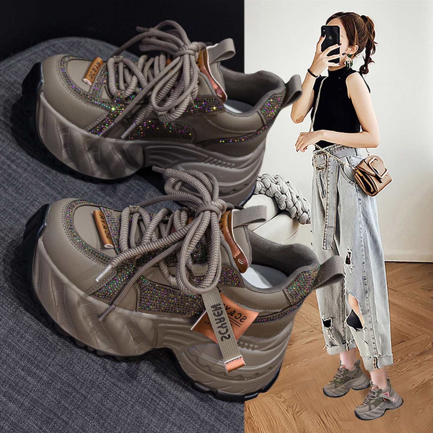 复古内增高老爹鞋女款2025秋季新款真皮水钻厚底小个子休闲运动鞋,女鞋,时尚休闲鞋,淘宝优惠券,粉丝福利购,淘宝优惠卷