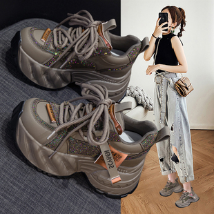 复古内增高老爹鞋女款2025秋季新款真皮水钻厚底小个子休闲运动鞋