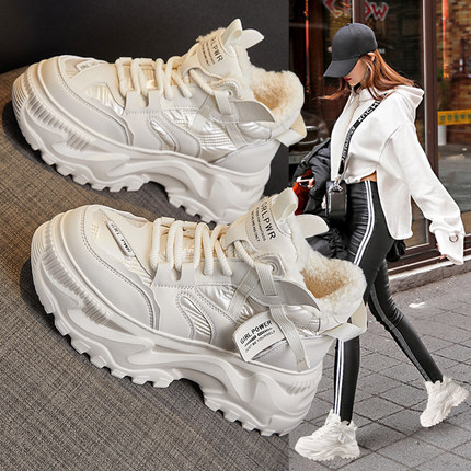 厚底雪地靴女款2024新款冬季加绒加厚保暖棉鞋高帮运动老爹小白鞋