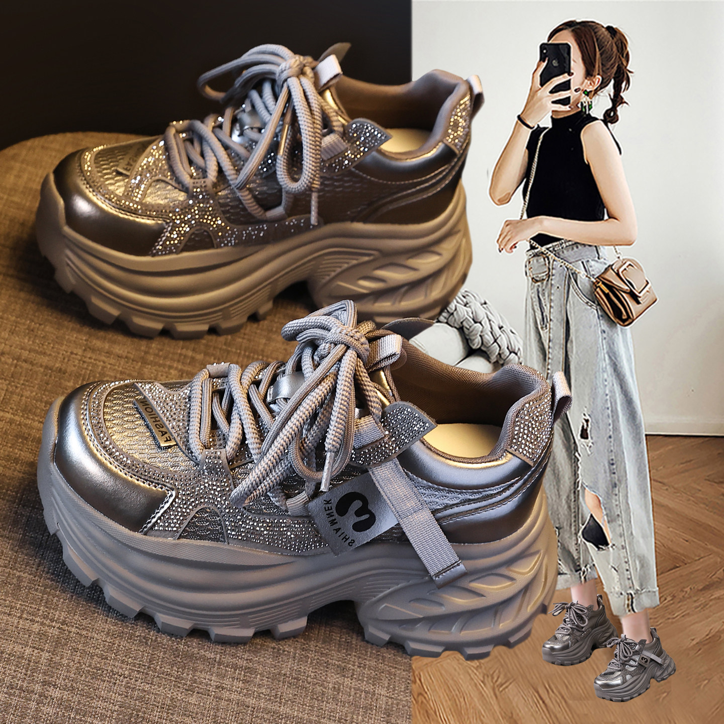 欧洲站双鞋带老爹鞋女2026春秋季新款水钻高级感厚底内增高休闲鞋,女鞋,时尚休闲鞋,淘宝优惠券,粉丝福利购,淘宝优惠卷