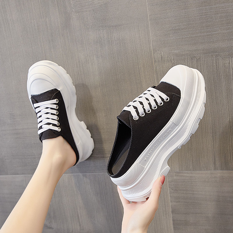 包头厚底凉拖鞋女2026夏季新款百搭帆布透气松糕半拖老爹小白鞋子