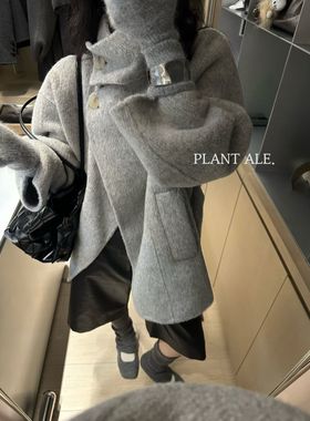 韩版2025秋冬新款时尚立领配腰带外套女宽松羊毛大衣Plant Ale