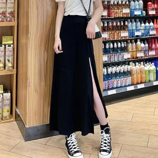 a字半身裙胖mm夏季 t恤套装 薄款 高腰开叉裙短袖 长款 黑色莫代尔大码