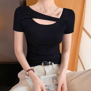 大码 夏季 胖mm正肩显瘦打底衫 修身 上衣 黑色短袖 半袖 T恤女2025新款